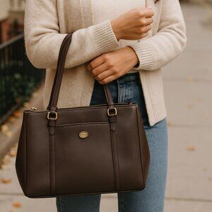 Coach Brown Leather Tote Bag with outside pockets